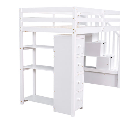 Twin Size Loft Bed With Storage Drawers And Stairs With Shelves - White