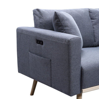 Easton - Linen Fabric Loveseat With USB Charging Ports Pockets And Pillows - Dark Gray