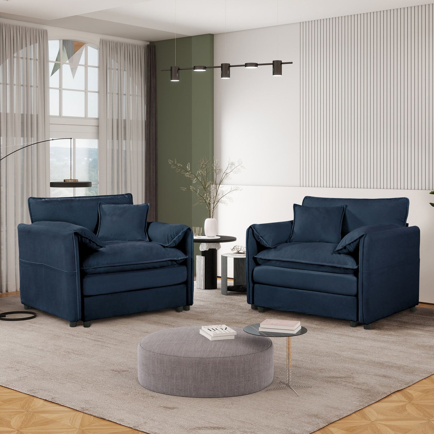 Modern Oversized Chenille Accent Chair, Comfy Armchair With Large Seat (Set of 2) - Blue
