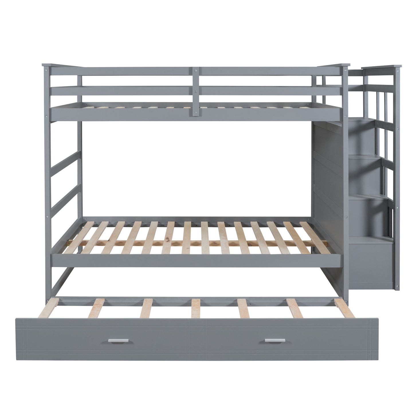 Full Over Full Bunk Bed With Twin Size Trundle And Staircase - Gray