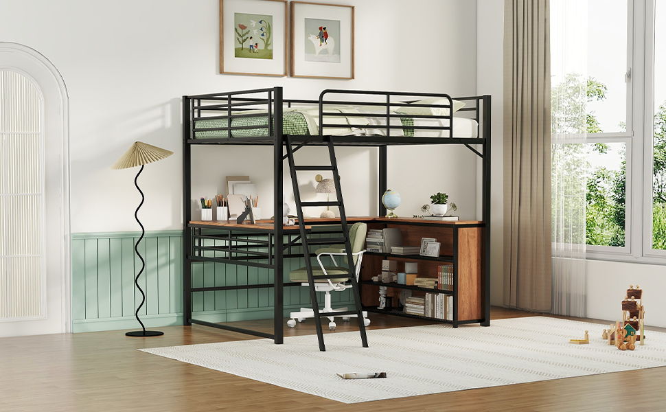 Full Size Loft Bed With 3 Layers Of Shelves And L-Shaped Desk - Black