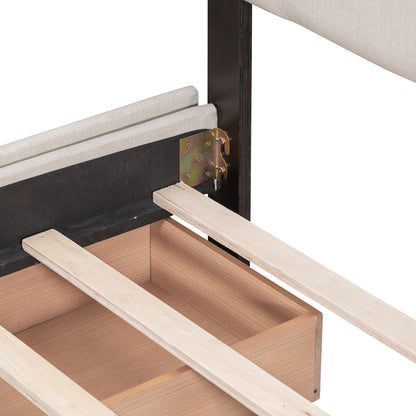 Queen Size Upholstered Platform Bed With Classic Headboard And 4 Drawers, No Box Spring Needed - Beige
