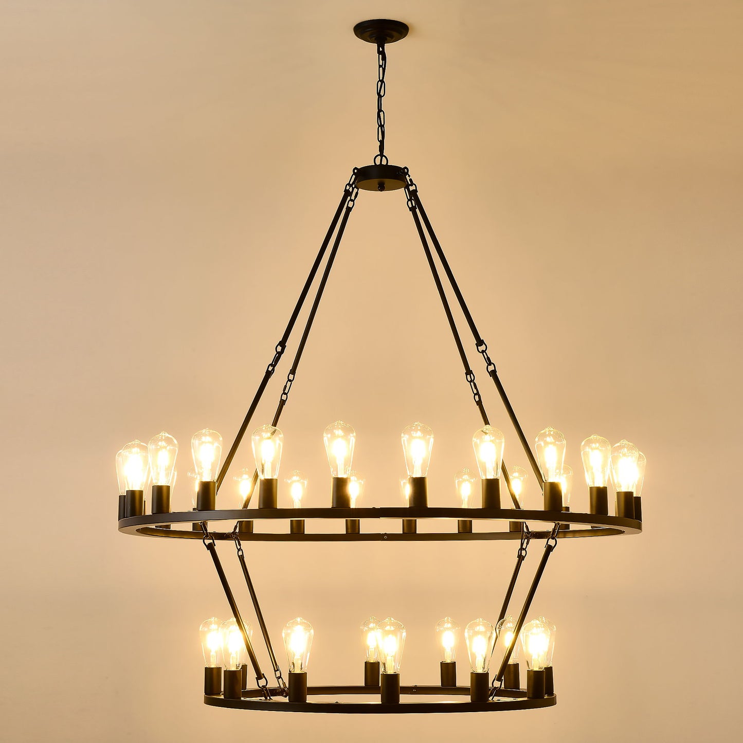 Extra Large Wagon Wheel Chandelier, 2 Tier 36 Lights (No Include) Farmhouse Industrial Round High Ceiling Pendant Light Adjustable Chain, For Dining Room, Living Room, Kitchen - Black
