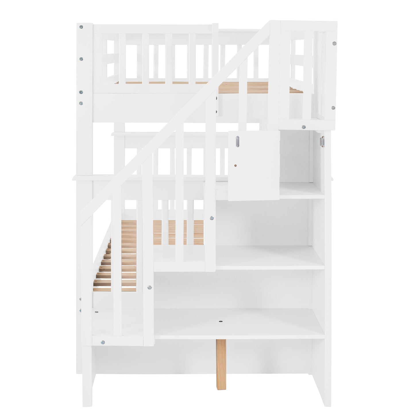 Twin Over Twin Stairway Bunk Bed With Storage And Guard Rail For Bedroom - White