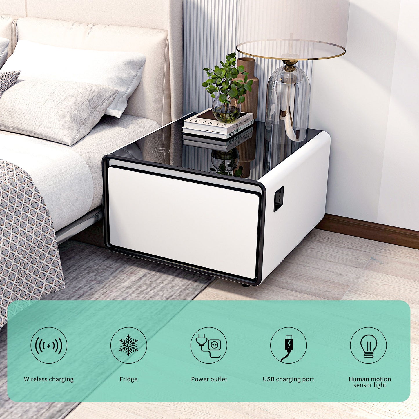 Modern Smart Side Table With Built-In Fridge, Wireless Charging, Temperature Control, Power Socket, USB Ports, Outlet Protection, Induction Light - White