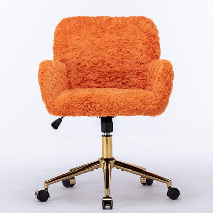 Office Chair, Artificial Rabbit Hair Home Office Chair With Golden Metal Base, Adjustable Desk Chair Swivel Office Chair, Vanity Chair - Orange