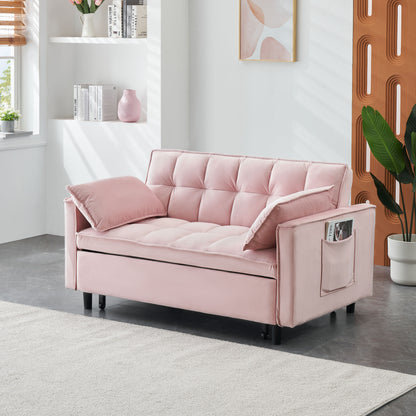 Modern Velvet Sofa, Sofa Pull-Out Bed, Small Love Seat Casual Sofa With Back, With Pillow, Pockets, Living Room Furniture, 3 In 1 Convertible Sleep Sofa Bed - Pink