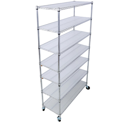 7 Tier Metal Shelf Wire Shelving Unit, 2450Lbs Heavy Duty Adjustable Storage Rack With Wheels & Shelf Liners For Closet Kitchen Garage Basement Commercial Shelving - Chrome