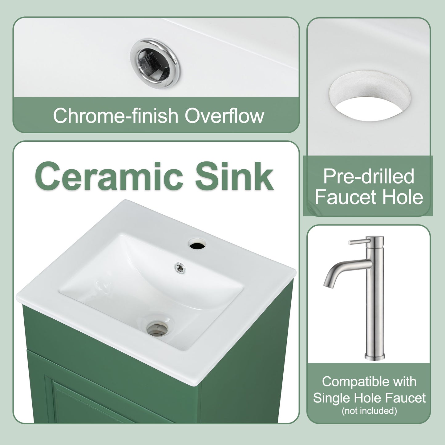 18" Bathroom Vanity With Sink, & Ceramic Cabinet With Adjustable Shelf - Green