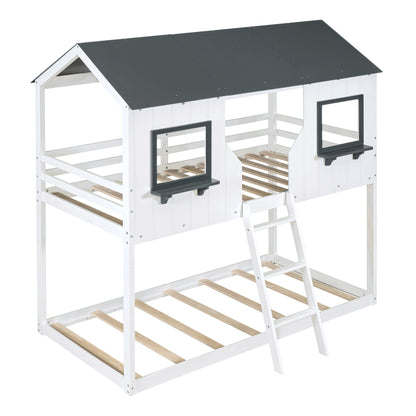 Twin Over Twin Bunk Bed Bed With Roof, Window, Guardrail, Ladder - White