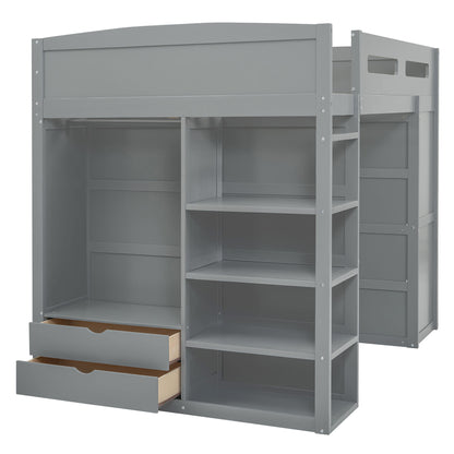 Full Size Loft Bed With Desk, Wardrobes, 4 Drawers And 4 Shelves - Gray