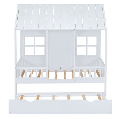 Twin Size House Bed With Twin Size Trundle, Daybed - White