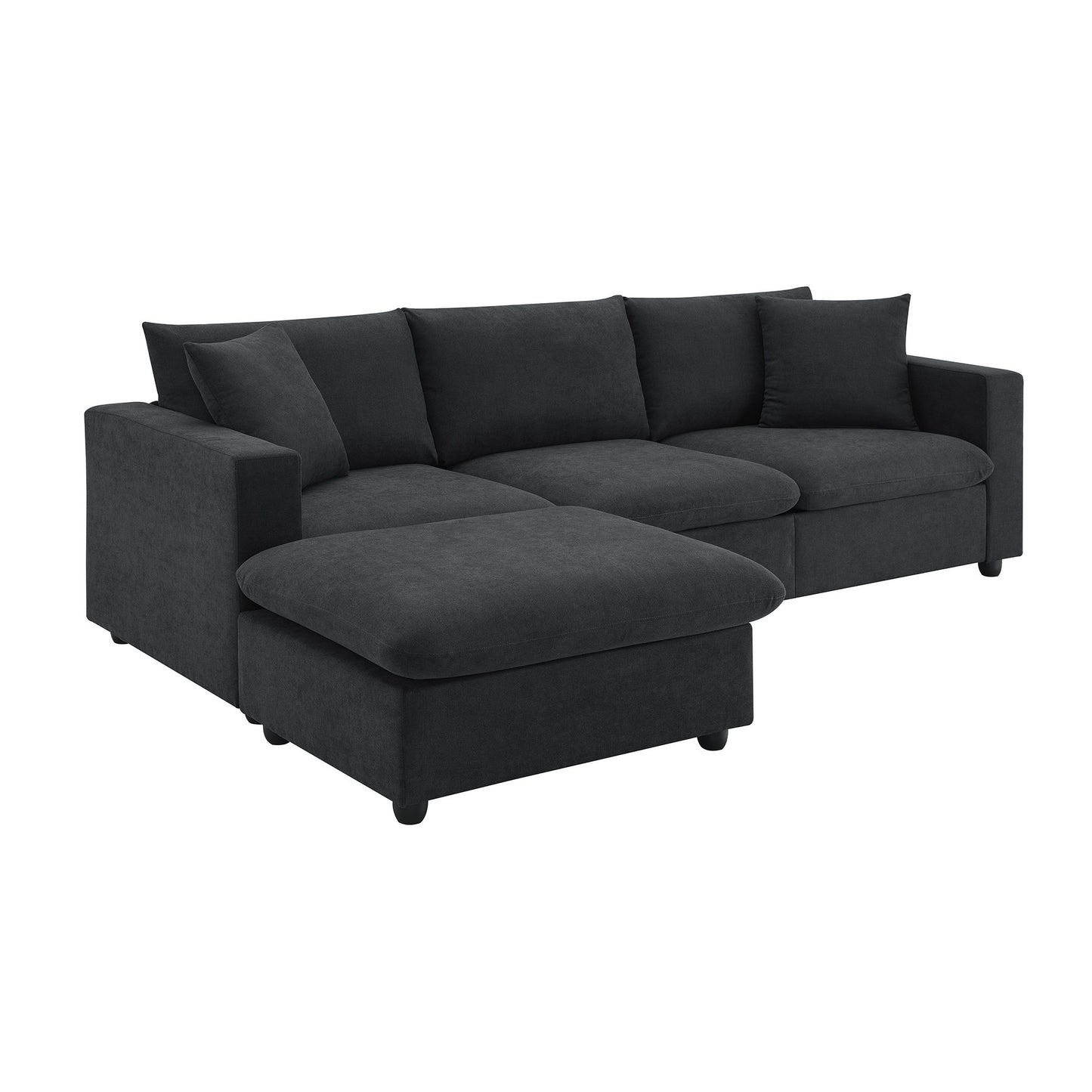 Modern Sectional Sofa, L-Shaped Couch Set With 2 Free Pillows, 4 Seat Polyester Fabric Couch Set With Convertible Ottoman - Black