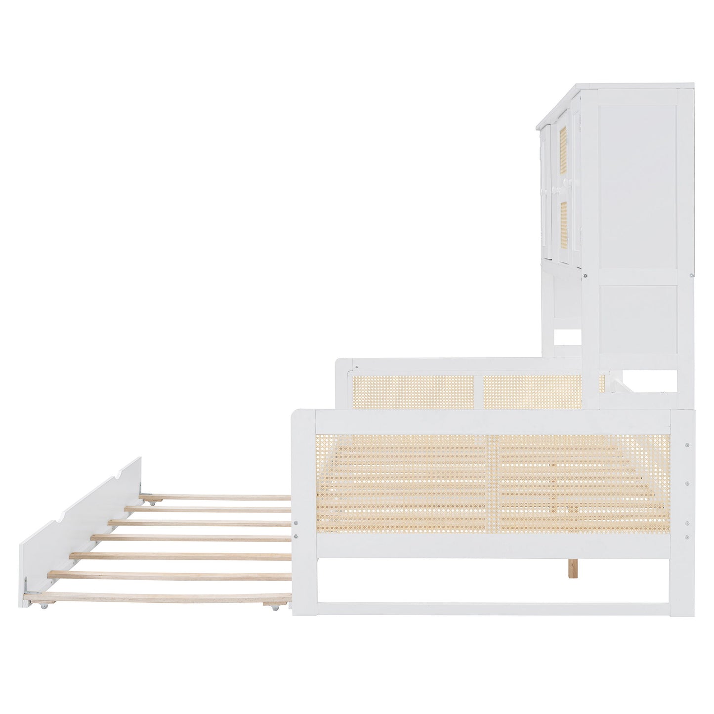 Full Size Wooden Daybed & Twin Size Trundle, And All In One Cabinet And Shelf - White