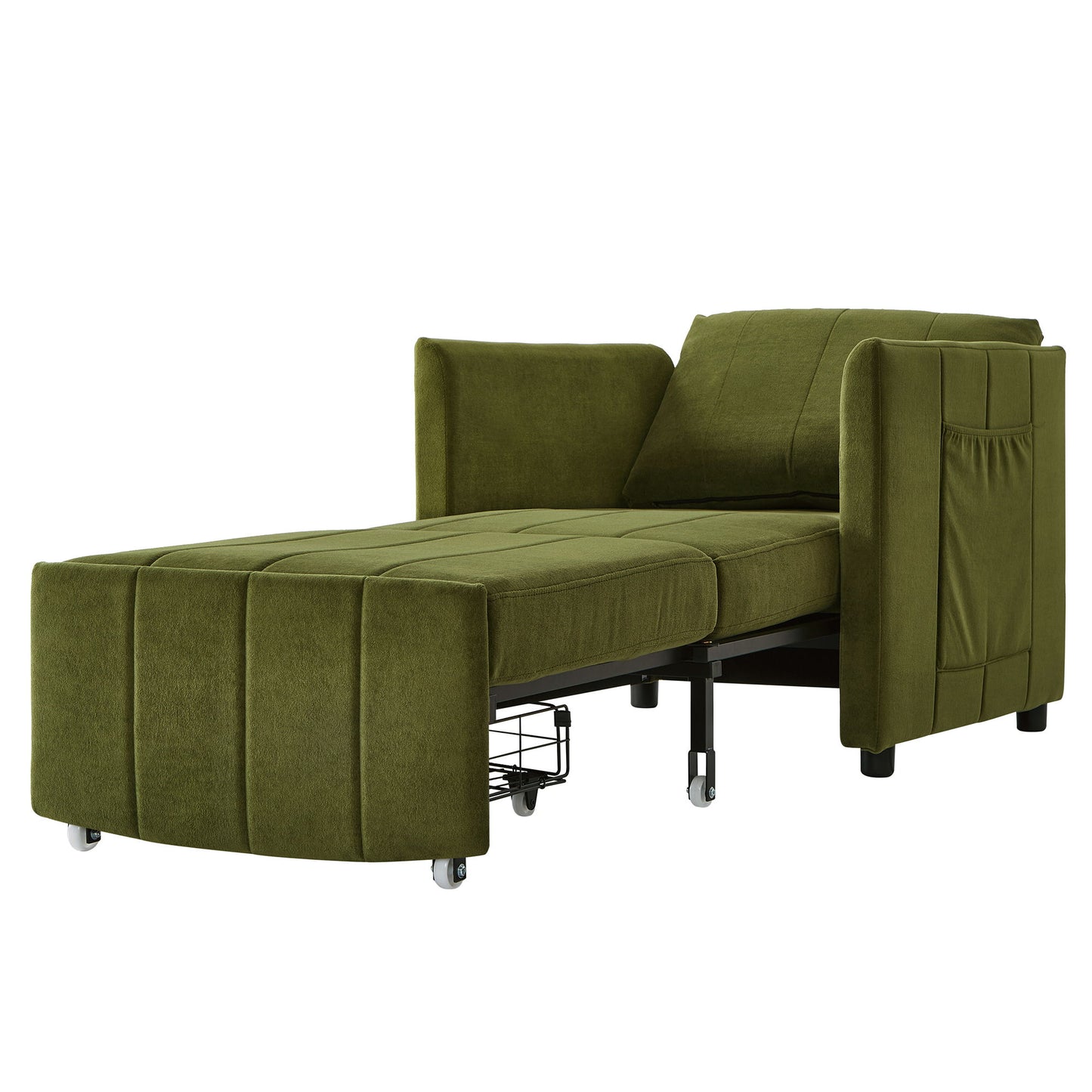 Upholstered Convertible Sleeper Sofa With Adjustable Backrest, Side Pockets, Storage Basket - Green