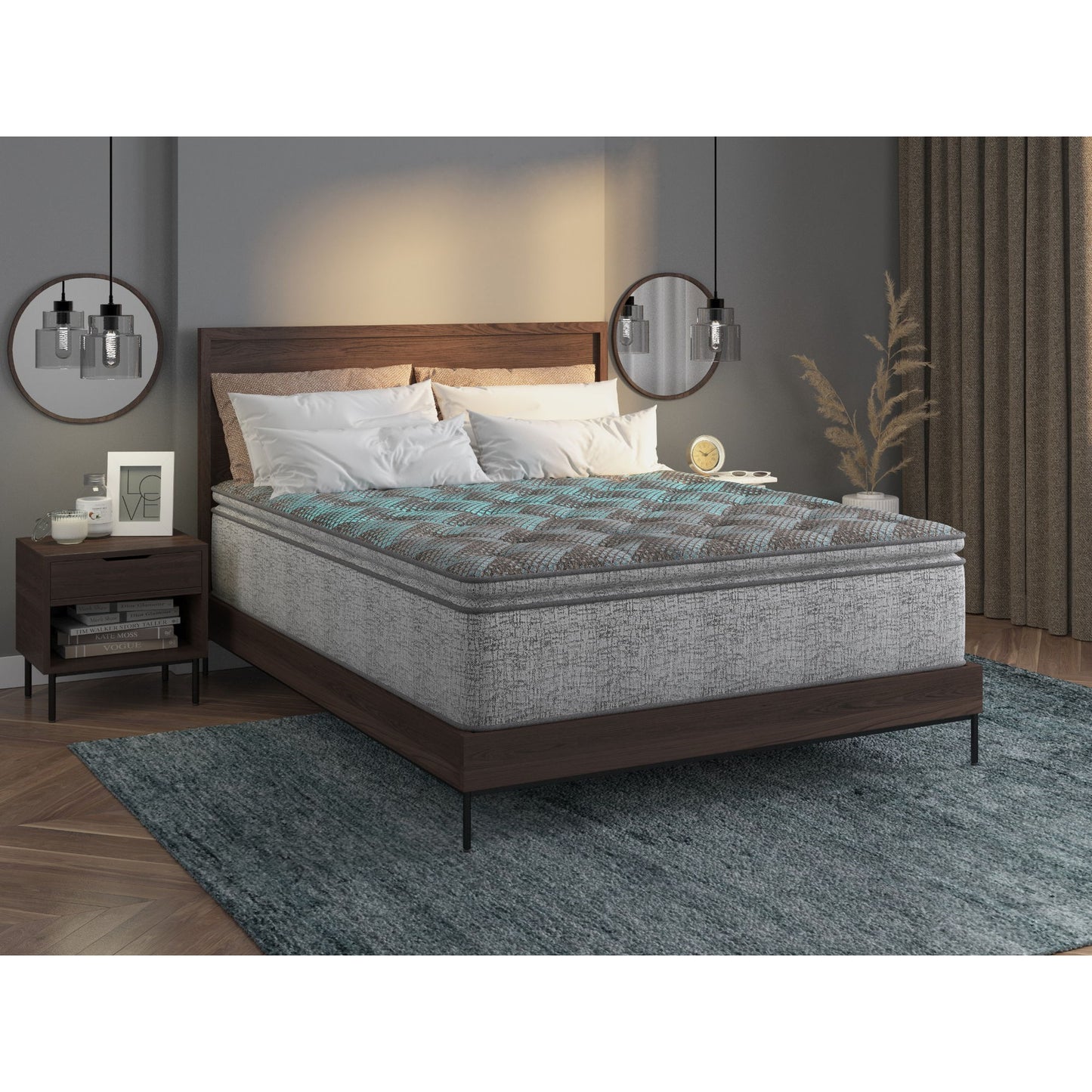 Comfort Care - 14" Queen Size Euro Top Hybrid Mattress, Plush Comfort, Cooling Tech - Gray / Blue
