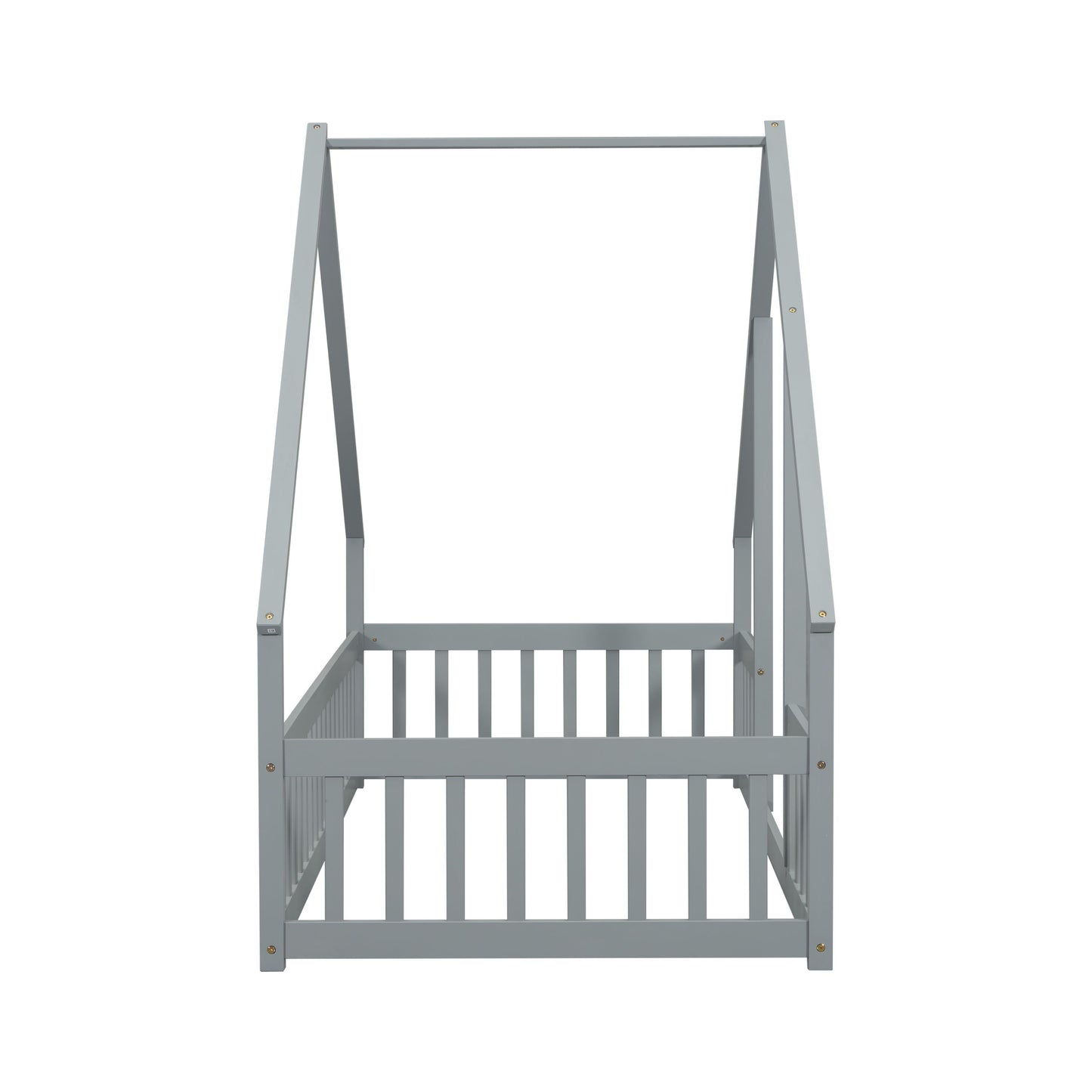 Twin Wood House-Shaped Floor Bed With Fence, Guardrails - Gray