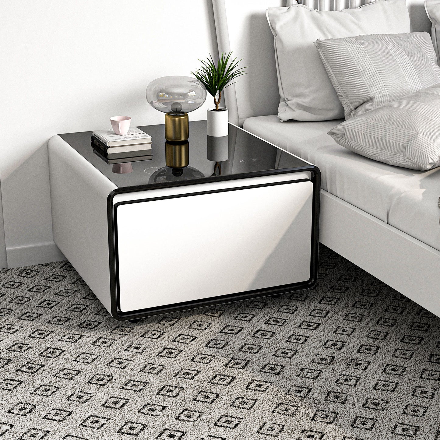 Modern Smart Side Table With Built-In Fridge, Wireless Charging, Temperature Control, Power Socket, USB Ports, Outlet Protection, Induction Light - White