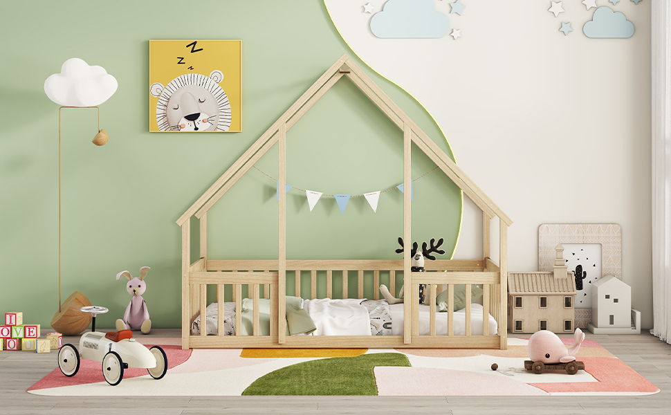 Twin Wood House-Shaped Floor Bed With Fence, Guardrails - Natural