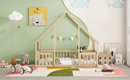 Twin Wood House-Shaped Floor Bed With Fence, Guardrails - Natural