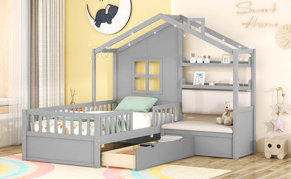 Twin Size House Bed With Sofa, Kids Platform Bed With 2 Drawers And Storage Shelf - Gray