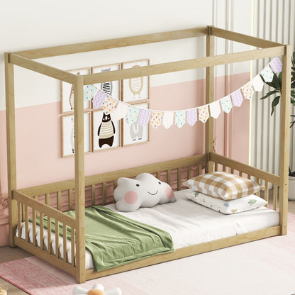 Twin Size Canopy Frame Floor Bed With Fence, Guardrails - Natural