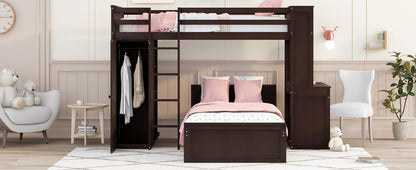 Twin Size Loft Bed With A Stand Alone Bed, Shelves, Desk, And Wardrobe - Espresso