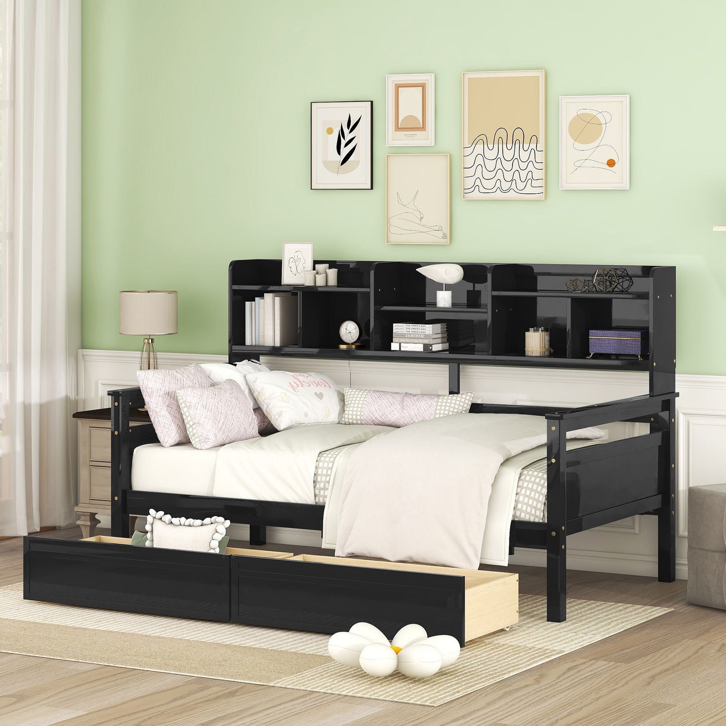 Twin Size Daybed, Slat Support, With Bedside Shelves And 2 Drawers - Espresso
