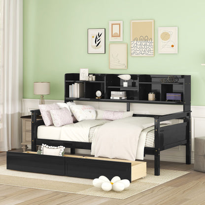 Twin Size Daybed, Slat Support, With Bedside Shelves And 2 Drawers - Espresso