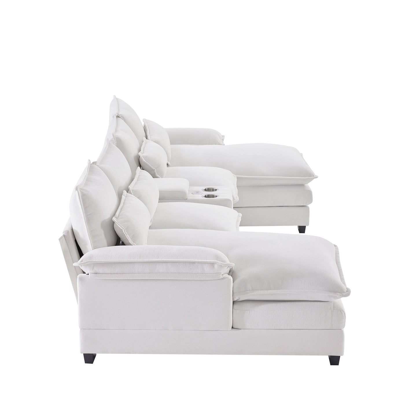 Modern U Shaped Sofa With Console, Cupholders And USB Ports, 6 Seat Upholstered Symmetrical Indoor Furniture, Sleeper Couch Set With Chaise - White
