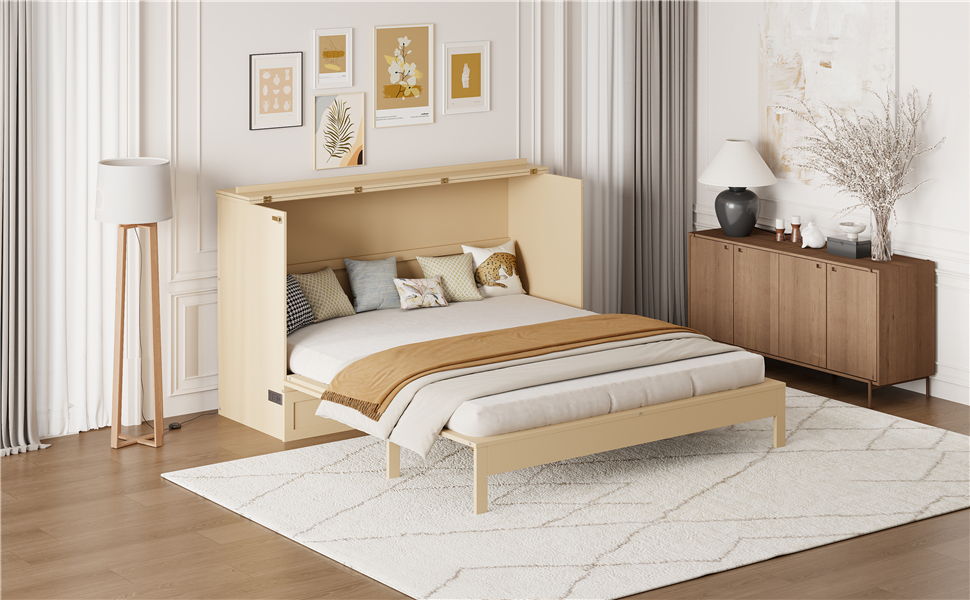 Queen Size Murphy Bed With Large Drawers, Gold