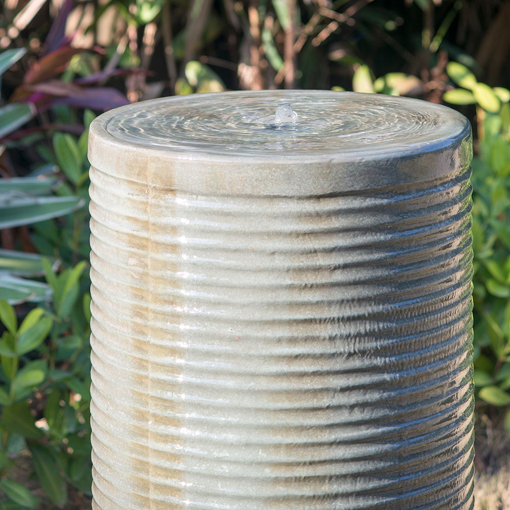Tall Large Modern Cylinder Ribbed Tower Water Fountain With Rustic Base, Contemporary Antique Green Copper Outdoor Bird Feeder / Bath Cement Fountain - Antique Green