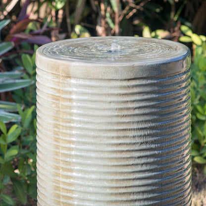 Tall Large Modern Cylinder Ribbed Tower Water Fountain With Rustic Base, Contemporary Antique Green Copper Outdoor Bird Feeder / Bath Cement Fountain - Antique Green