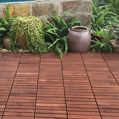 10 Piece Interlocking Deck Tiles Striped Pattern, Square Acacia Hardwood Outdoor Flooring For Patio, Bancony, Pool Side - Brown