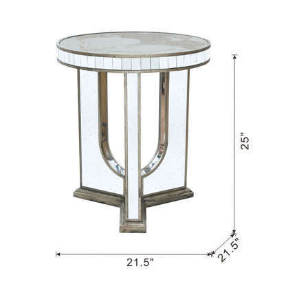 Round Side Table With Elegant Foral Design And Mirrored - Silver Multi