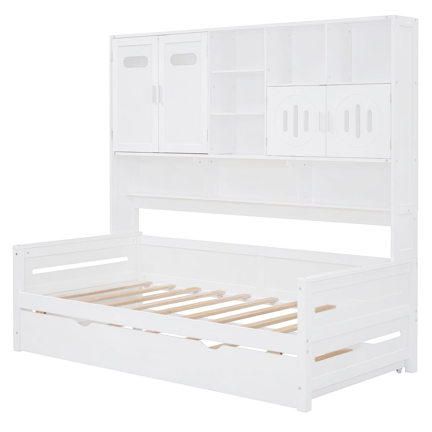 Twin Size Wooden Daybed With Twin Size Trundle, And All In One Cabinet And Shelf - White