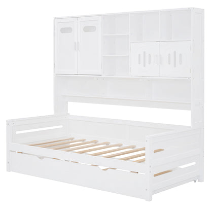 Twin Size Wooden Daybed With Twin Size Trundle, And All In One Cabinet And Shelf - White