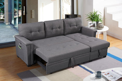 Ashlyn - Reversible Sleeper Sectional Sofa With Storage Chaise, USB Charging Ports nd Pocket - Dark Gray