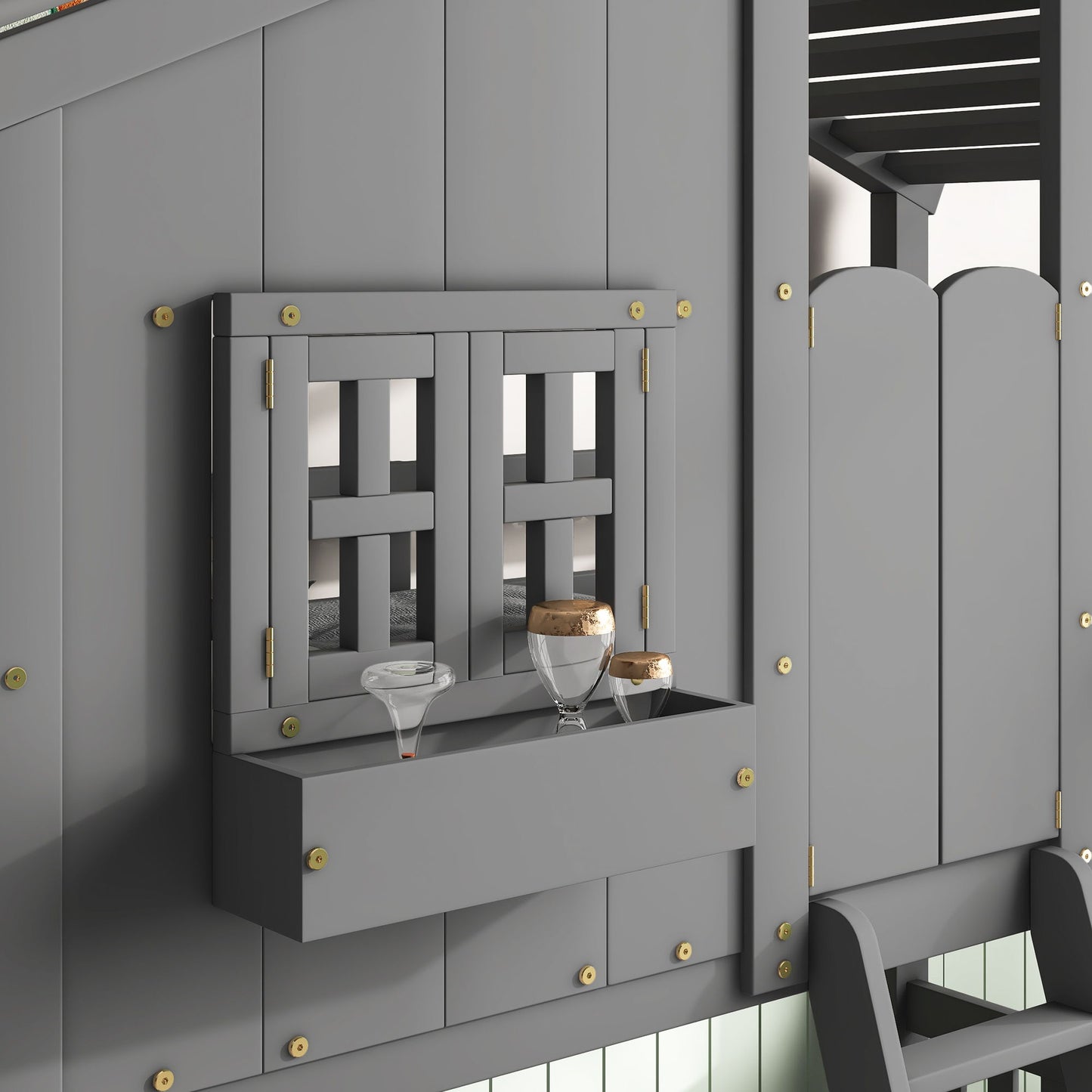 Twin Over Twin House Bunk Bed With Roof, Window, Window Box, Door, With Safety Guardrails And Ladder - Gray