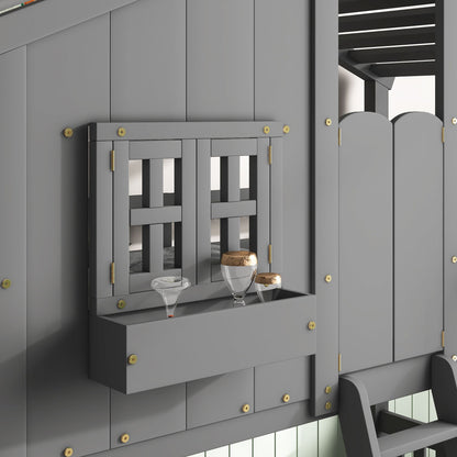 Twin Over Twin House Bunk Bed With Roof, Window, Window Box, Door, With Safety Guardrails And Ladder - Gray