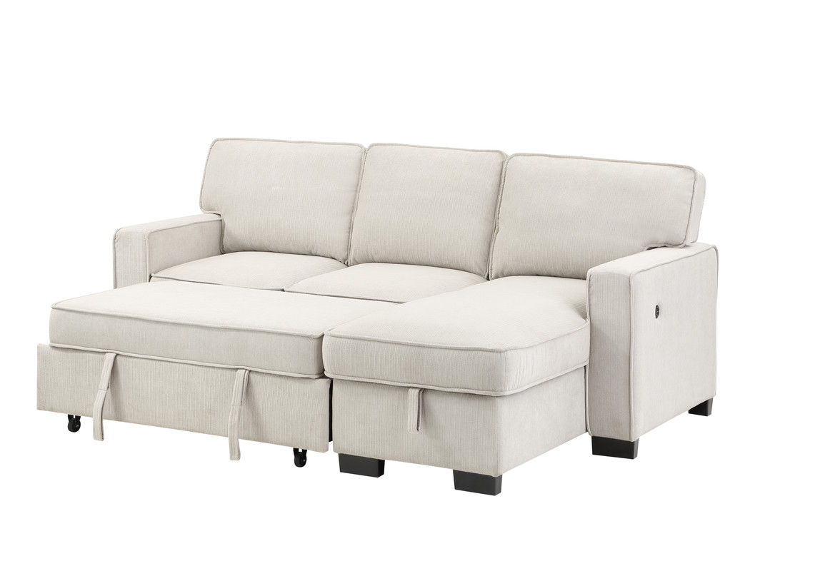 Estelle - Fabric Reversible Sleeper Sectional With Storage Chaise Drop-Down Table 2 Cup Holders And 2 USB Ports - Beige