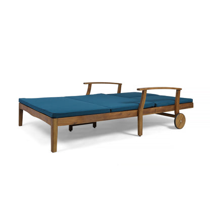 Etherealize - Outdoor Adjustable Double Chaise Lounge With Water Resistant Cushions - Teak / Blue