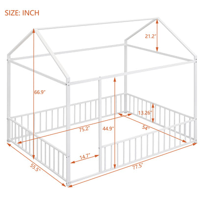 Full Size Bed House Bed Frame With Fence - White