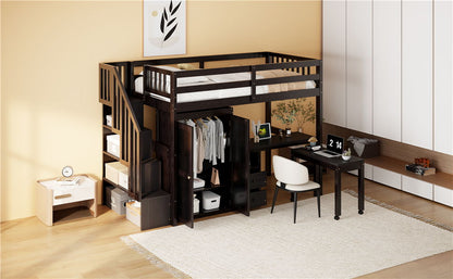 Twin Size Loft Bed With Stairs, Bookshelf, Drawers, Desk & Wardrobe, Space Saving Multifunctional Furniture - Espresso