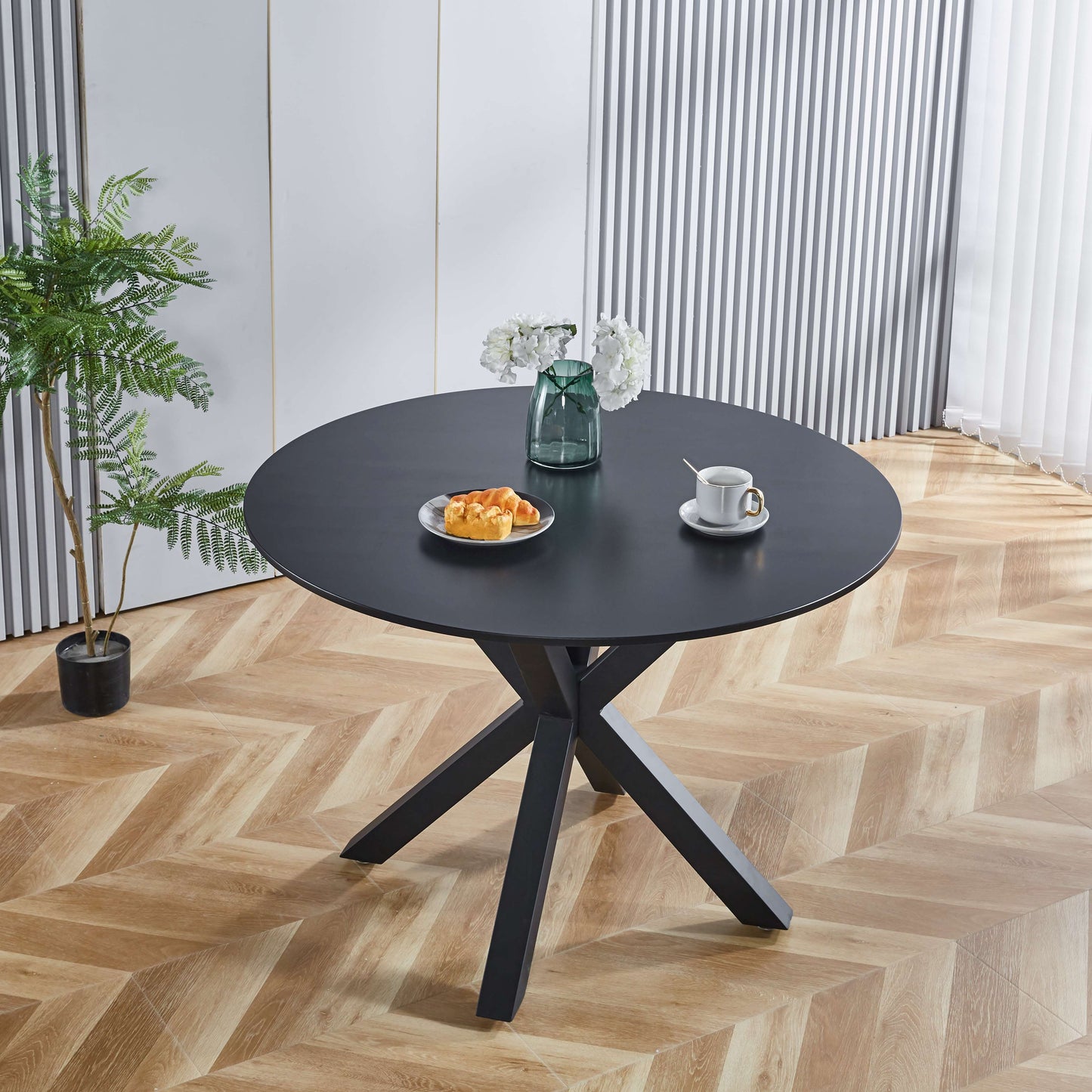 Table Mid-Century Dining Table For 4 - 6 People With Round MDF Table Top, Pedestal Dining Table, End Table Leisure Coffee Table, Cross Leg - Black