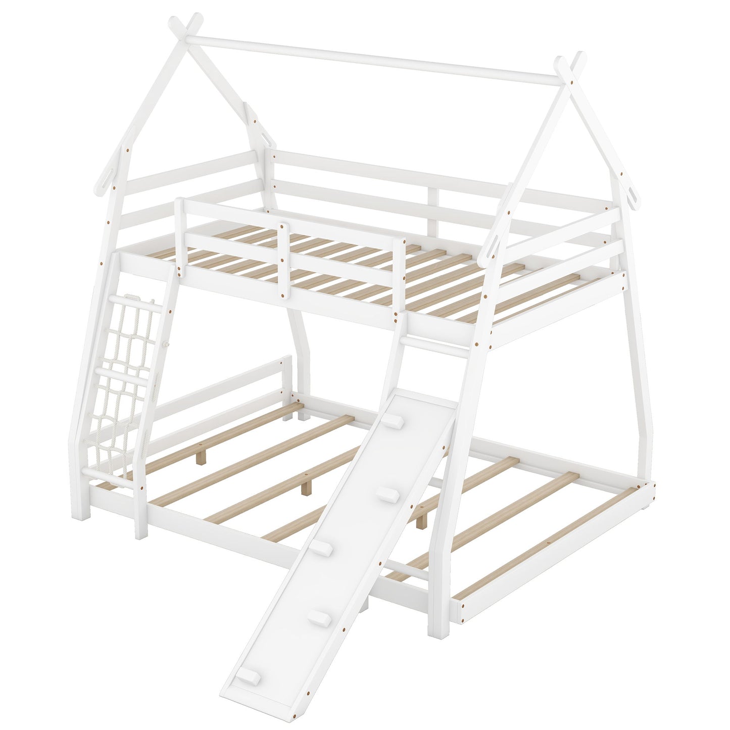 Twin Over Queen House Bunk Bed With Climbing Nets And Climbing Ramp - White