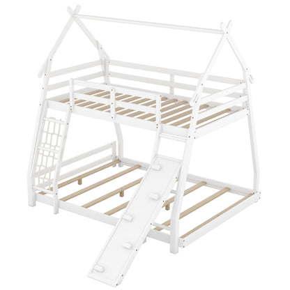 Twin Over Queen House Bunk Bed With Climbing Nets And Climbing Ramp - White
