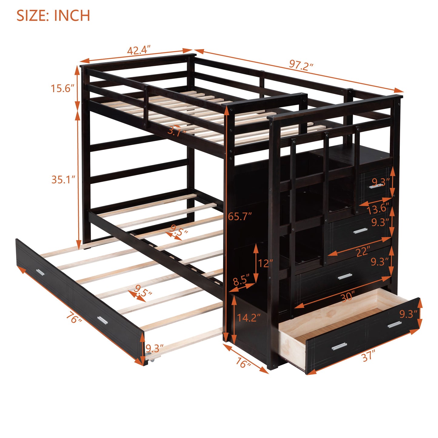 Twin Over Twin Bunk Bed With Trundle And Staircase - Espresso