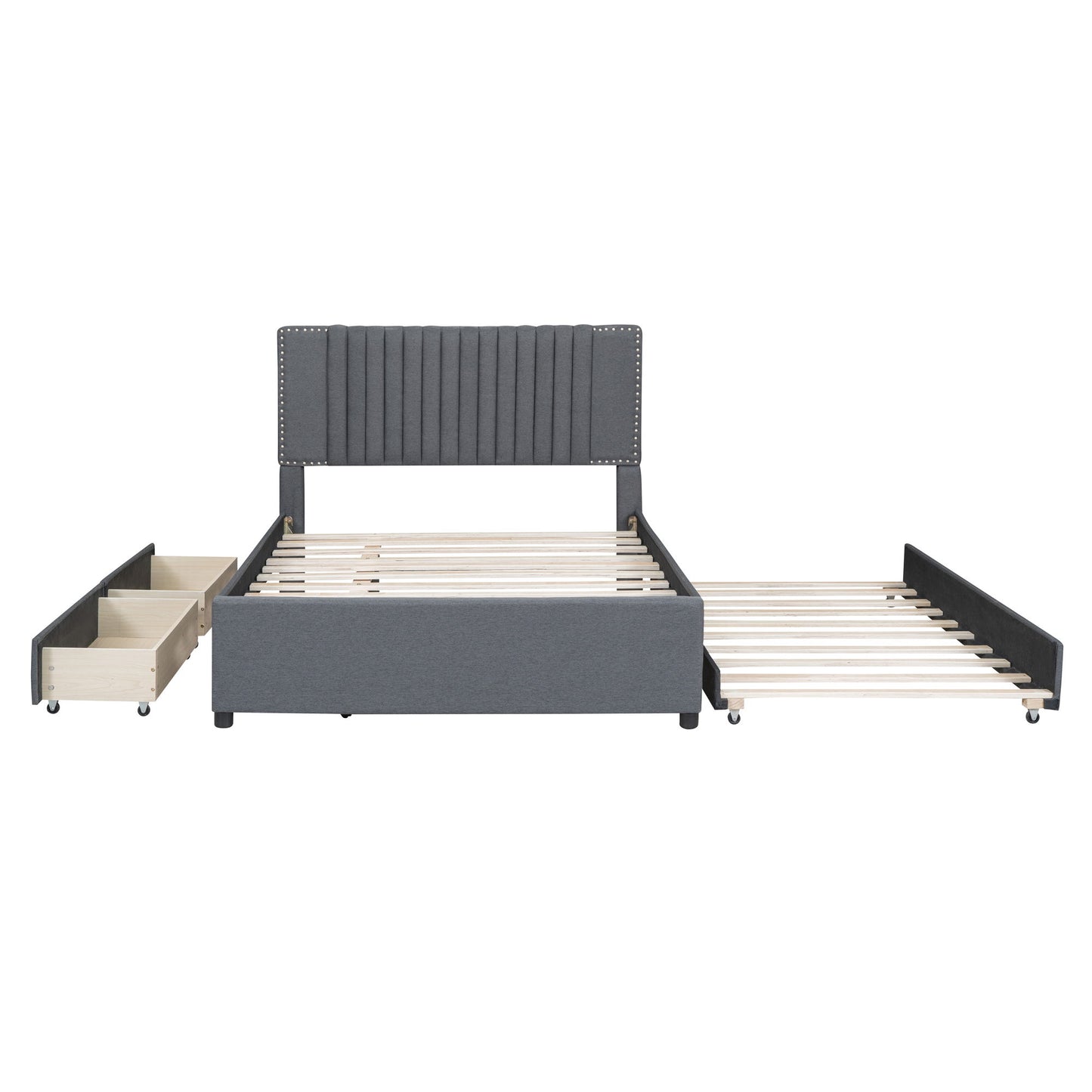 Full Size Upholstered Platform Bed With 2 Drawers And 1 Twin Size Trundle, Classic Headboard Design - Gray