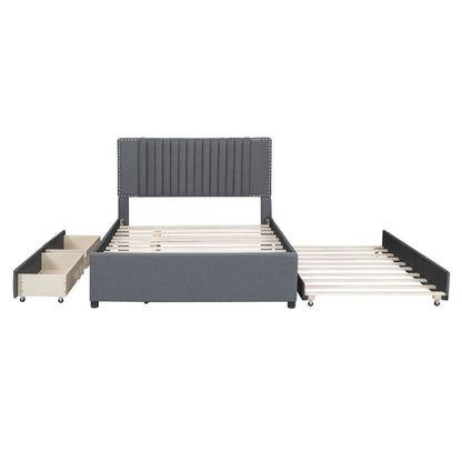 Full Size Upholstered Platform Bed With 2 Drawers And 1 Twin Size Trundle, Classic Headboard Design - Gray